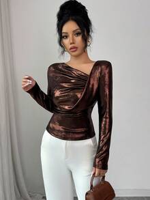 Elenzga Nowa, błyszcząca, elastyczna tkanina damska, skośne ramiona, długi rękaw, asymetryczny, marszczony wzór, wiosna/jesień, wakacje, codzienny, uniwersalny, lśniący, wyszczuplający talię, elegancki T-shirt damski