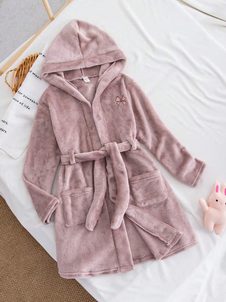 Genkimix Kids Tween Girl Elegant Lotus Pink Flannel Fabric Minimalist Embroidered Bowknot Hooded Long Sleeve Maxi Dress With Belt, Comfortable Loungewear Robe - Dusty Pink - View 1