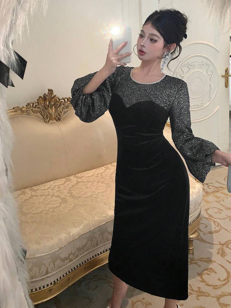 Elegant Velvet Sequin Long Dress, High-End Elegant Dress For Women