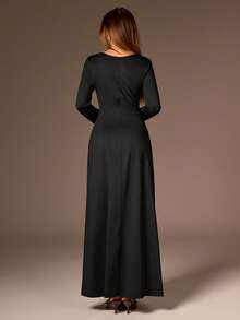 Avantive Vestido Elegante de Manga Longa com Decote em V e Pregas em Cor Sólida para Mulheres - Preto - Visão 2