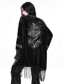 ROMWE Gothic Snake & Plant Embroidered Velvet Cardigan - Black - View 1