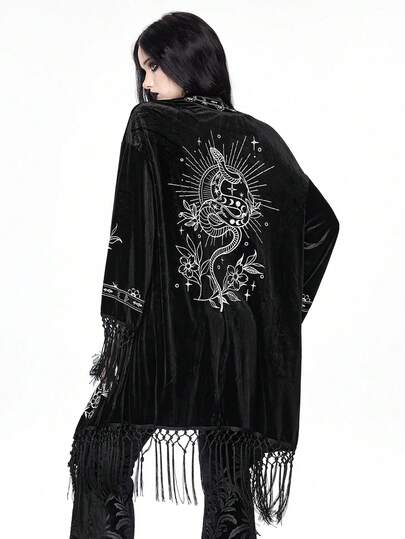 ROMWE Gothic Snake & Plant Embroidered Velvet Cardigan