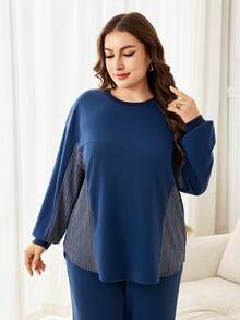 Lacomfia 2pcs Plus Size Women Casual Loose Knit Textured Crew Neck Pullover Set, Suitable For Autumn/Winter