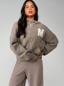 MISSGUIDED Knitted Zip Through Varsity Hoodie With Letter Applique Detail Winter Casual Outerwear - Khaki - View 5
