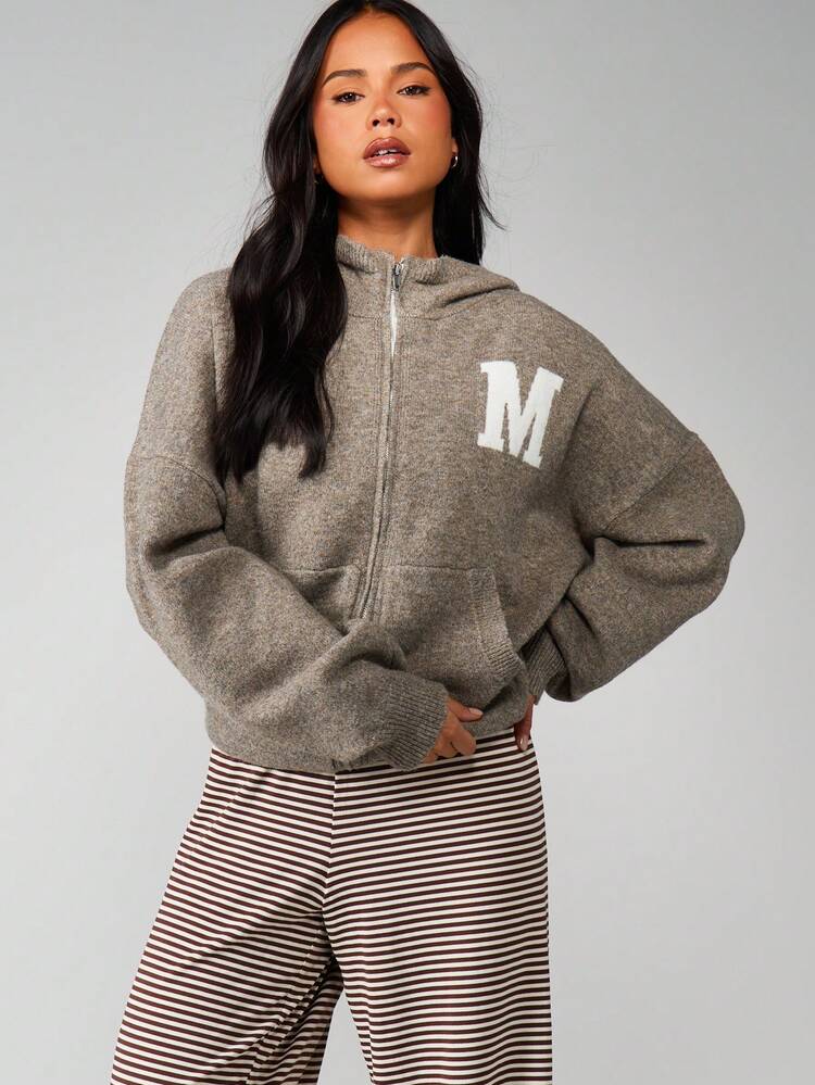 MISSGUIDED Knitted Zip Through Varsity Hoodie With Letter Applique Detail Winter Casual Outerwear