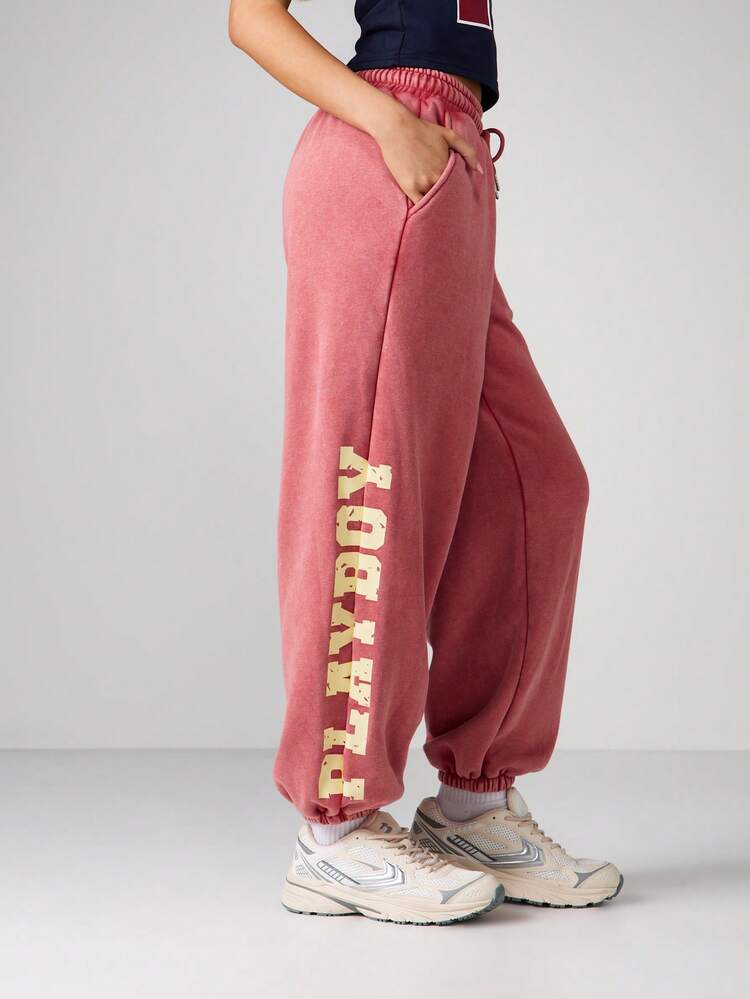 Missguided x Playboy Ausgewaschene Loose Fit Jogginghose mit Textdruck für Damen Lässig Loungewear
