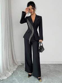 Rafferiza 女士优雅休闲派对流苏套装 - 黑色 - 查看 1