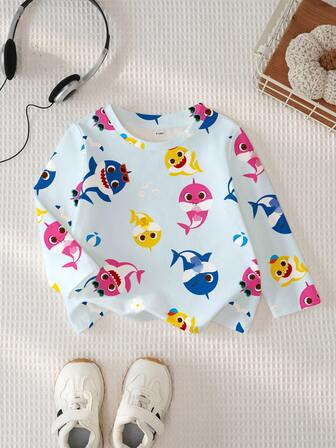 BABY SHARK X SHEIN Baby Boy Casual Cute Cartoon Shark All-Over Print Long Sleeve Loose T-Shirt, Spring/Autumn