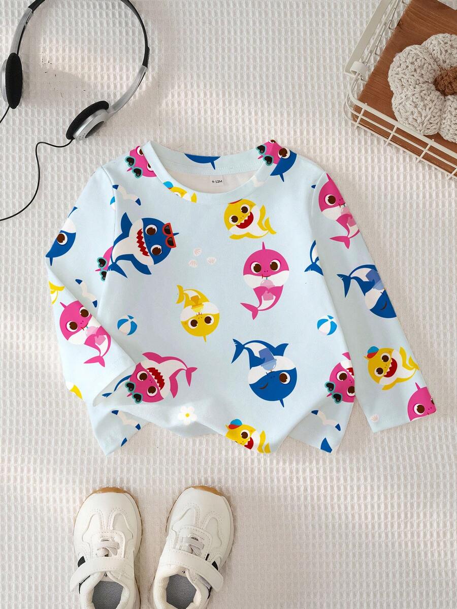 BABY SHARK X SHEIN Baby Boy Casual Cute Cartoon Shark All-Over Print Long Sleeve Loose T-Shirt, Spring/Autumn - White - View 1