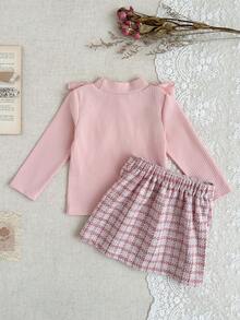 SHEIN 2件組女嬰冬季套裝，可愛紅白格紋粗花呢A字裙搭配粉色羅紋高領毛衣，親子公主風套裝 - 粉色 - 查看 8