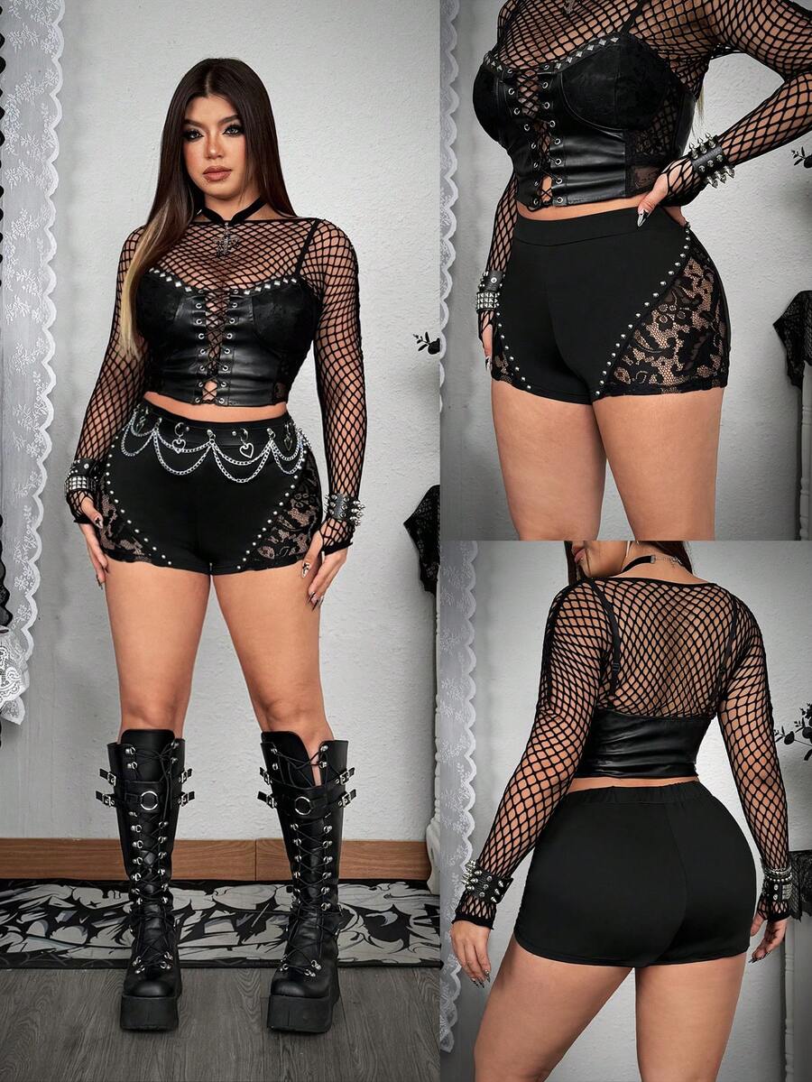 Whyspr Quần short ren cổ điển co giãn mới dành cho nữ cỡ lớn, quần short mini rách gợi cảm, phong cách đường phố Y2K, thích hợp cho các buổi đi chơi, mặc hàng ngày, Giáng sinh, Lễ tạ ơn, Lễ Phục sinh, Tiệc năm mới, Trở lại trường, Tiệc sinh nhật, Lễ hội âm nhạc, Ngày lễ tình nhân, Hòa nhạc, Xuân/Hè/Thu - màu đen - Xem 1