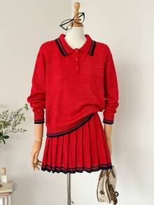 Muvela 女士高领长袖羊毛衫，复古学院风，休闲舒适，适合日常穿着、返校季、下午茶、营造复古氛围、秋季和圣诞节。 - 紅色 - 查看 3
