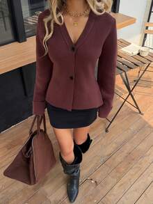 Siren Gaze Cardigan boutonnée de couleur unie décontracté, automne/hiver - Tabac - Voir 5