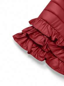 Maweii Plus Size Women Stand Collar Ruffle Zip-Up Fleece Hooded Jacket, Suitable For Winter Outerwear, Snow Season, Commuting - Red - View 5