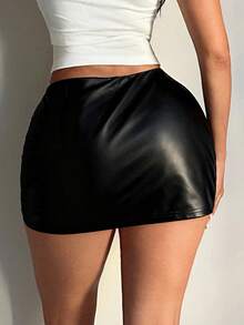 SHEIN SXY Women's Casual Sexy PU Tight Low-Waist Mini Skirt - Black - View 2