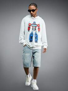 Transformers X SHEIN Men's Casual Robot Print Drop Shoulder Hoodie, Autumn - White - View 3