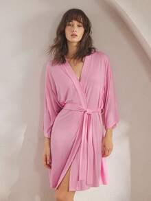 Ocili Comfortable Ribbed Soft & Smooth Robe Sleepwear For Women, Cozy Outfit, Fall & Winter - Pink - View 6