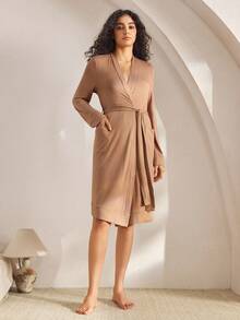 Ocili Comfortable, Smooth Robe, Women's Sleepwear Bathrobe, Cozy Outfit, Fall & Winter - Brown - View 4