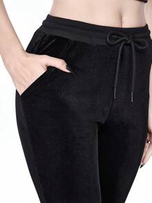 ROMWE Gothic Castle Embroidered Drawstring Elastic Waist Velvet Flare Pants For Women - Black - View 2