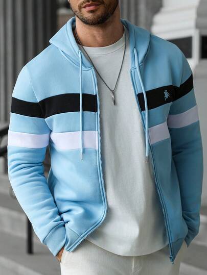 Manfinity CasualCool Men's Casual Contrast Color Striped Hoodie Sweatshirt, Autumn/Winter Baby Blue Hoodies Men Casual Zip Up Blue Hoodie, Long Sleeve Top