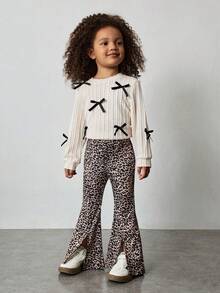 Maija Kids 女童豹纹针织紧身休闲喇叭裤，侧边开衩 - 卡其色 - 查看 5