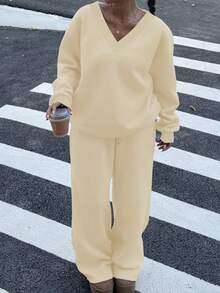 Muchica 2pcs Women Apricot V-Neck Oversized Fluffy Knit Elastic Loose Casual Sweatshirt And Sweatpants Set, Autumn/Winter - Apricot - View 3