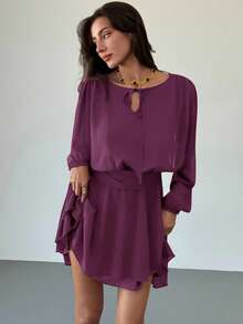 Aloruh 梅紫色浪漫约会音乐节系带长袖荷叶边下摆迷你连衣裙（女士） - 紫色 - 查看 4