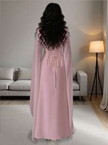 Rafferiza Women's Solid Color Elegant Dignified V-Neck Embroidered Collar Split Long Sleeve Maxi Dress, Suitable For Banquet, Daily Wear, Simple - Pink - View 2