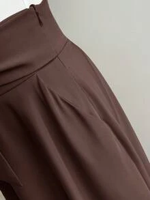 SHEIN Privé 2pcs/Set Women Asymmetric Neck Top And Oversized A-Line Skirt - Coffee Brown - View 5