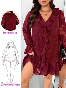 Enliva Váy dài tay rộng rãi cỡ lớn cho nữ, họa tiết cắt laser/Mùa đông, dành cho dáng người quả táo tròn - Màu Đỏ Sâu - Xem 1