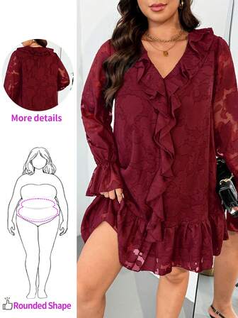 Enliva Plus Size Women Long Sleeve Loose Dress, Laser Cut Fabric Detail/Winter, For Apple Rounded Body Shape Plus Size Ruffle Dress Plus Size Vacation Dress