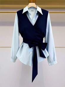 Resyla Women's Spring/Autumn Blue Contrast Color 2 In 1 Tie-Less Fitted Casual Commuter Daily Long Sleeve Shirt Tie Up Shirt Bow Shirt Women Blouses Elegant Navy Blue Blouse Professional Blouse - Blue - View 1