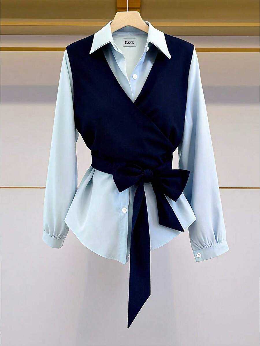 Resyla Women's Spring/Autumn Blue Contrast Color 2 In 1 Tie-Less Fitted Casual Commuter Daily Long Sleeve Shirt Tie Up Shirt Bow Shirt Women Blouses Elegant Navy Blue Blouse Professional Blouse - Blue - View 1