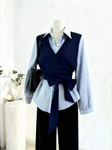 Resyla Women's Spring/Autumn Blue Contrast Color 2 In 1 Tie-Less Fitted Casual Commuter Daily Long Sleeve Shirt Tie Up Shirt Bow Shirt Women Blouses Elegant Navy Blue Blouse Professional Blouse - Blue - View 4