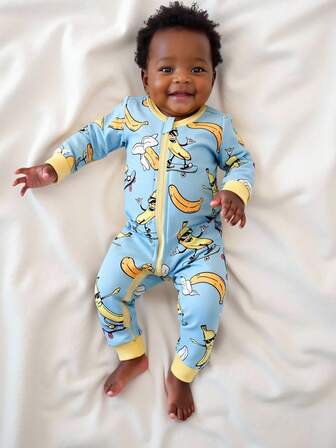 SHEIN 男宝宝春夏针织圆领长袖长裤可爱图案连体衣休闲连体裤