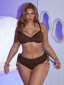 Swim SXY Plus Size 2pcs Swimsuit Set, Minimalist Design For Daily Wear, Women Summer Beach Vacation - Brown - View 3