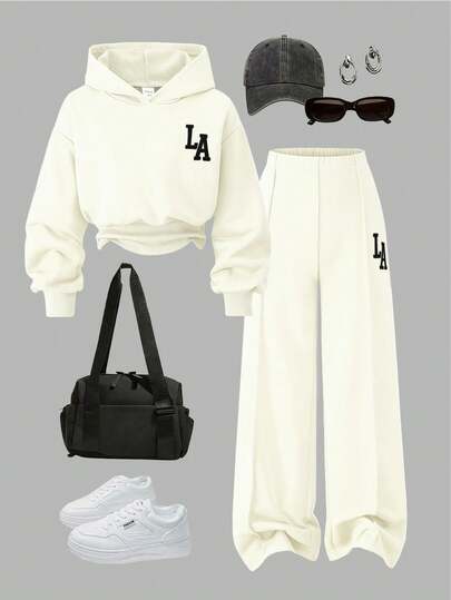 Sparklyn Girls Casual Knit Solid Color Front Graphic Letter Print Drop Shoulder Hooded Sweatshirt & Pants 2 Pieces Set