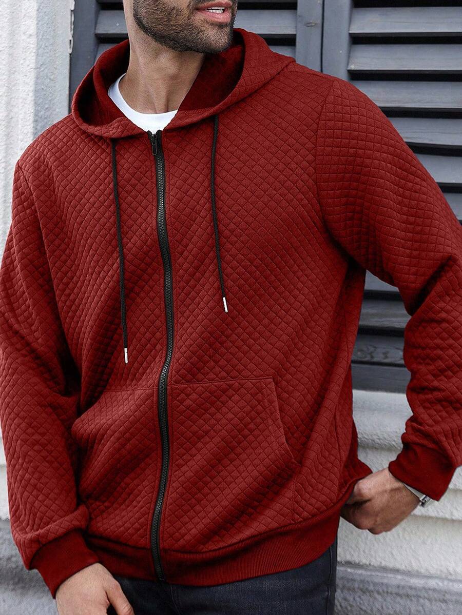 Manfinity Homme Áo nỉ có mũ trùm đầu màu trơn tay dài có khóa kéo phía trước cỡ lớn dành cho nam - Màu Đỏ Sâu - Xem 1