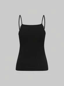 SHEIN Unity Women's Lace Trim Silk Velvet Camisole, Autumn/Winter - Black - View 2