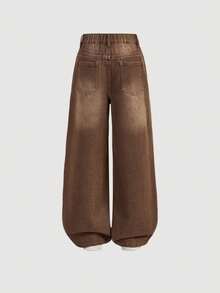 SHEIN Tween Girl Y2K Retro Washed High Waist Cat Whisker Washed Baggy Straight Leg Jeans, Fall Winter Back To School Streetwear - Brown - View 2