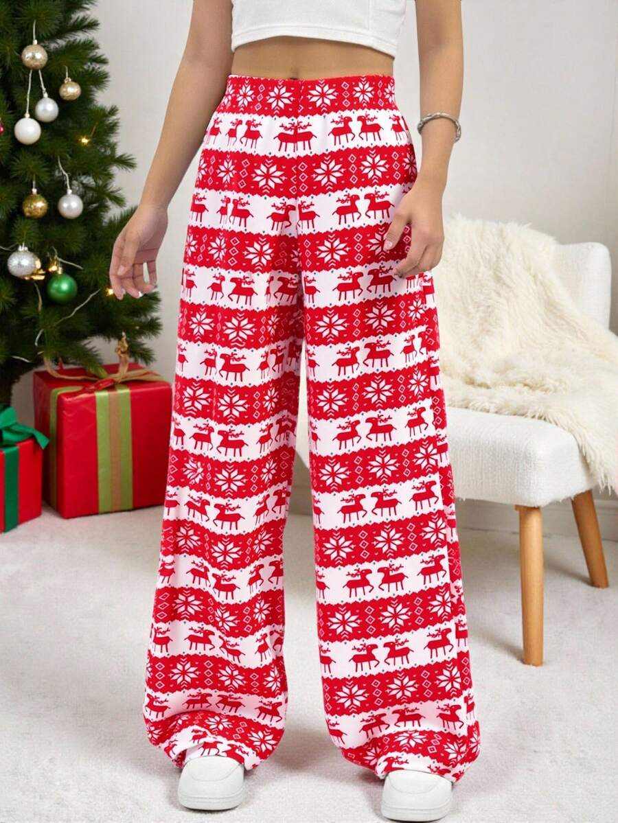 Teen GirlPrinted Fleece Pants, Comfortable Loose Straight Leg Trousers With Christmas Graphic Print, Autumn/Winter - Multicolor - View 1