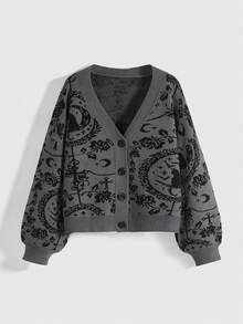 ROMWE Goth Cárdigan negro oscuro con estampado completo de gato misterioso de luna gótica para mujeres - Gris Oscuro - Ver 1