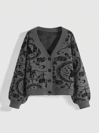 Goth Gotischer Palast Katze Mond Kette Mysteriöse schwarze Katze Allover-Muster Dunkel Strickjacke für Frauen