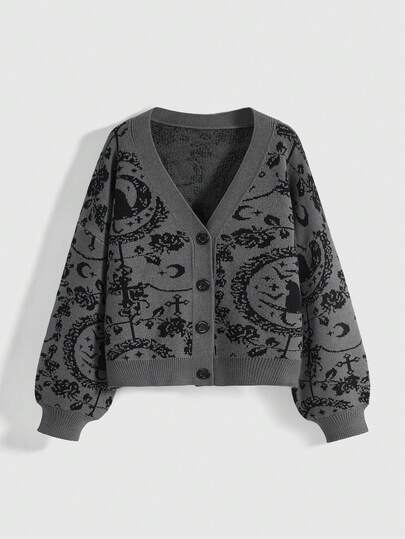 Gothic Palace Cat Moon Chain Mysterious Black Cat Full Print Dark Cardigan For Women