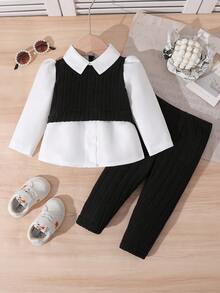 SHEIN Playful Pals Baby Girls' Fashion Ribbed Patchwork Long Sleeve Collared Shirt And Ribbed Pink Pants Set - Black - View 3
