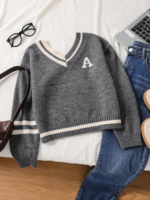 SHEIN Teenager Mädchen Lässig Strickpullover, Farbblock V-Ausschnitt Pullover, Schul-Stil, bequem & geeignet für den täglichen Gebrauch, Herbst/Winter