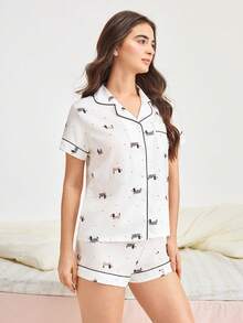 Bonmuse 2pcs/Set Print Women Pajama Set, Lightweight Bubble Crepe Short Sleeve Collared Cardigan Top And Loose Shorts, Casual Sleepwear And Loungewear Set, Suitable For All Seasonsfor Summer - White - View 6