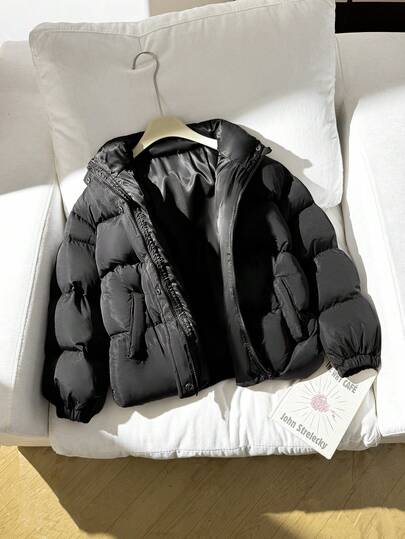 SHEIN 青少年女孩休闲百搭街头风格超大高领厚短款弹性下摆棉服夹克外套，女孩黑色棉服外套