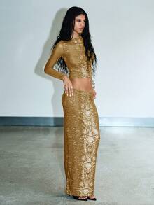 KIZN Snake Print Long Sleeve Bodycon Maxi Dress Evening Party Club Outfit Python Pattern - Gold - View 5