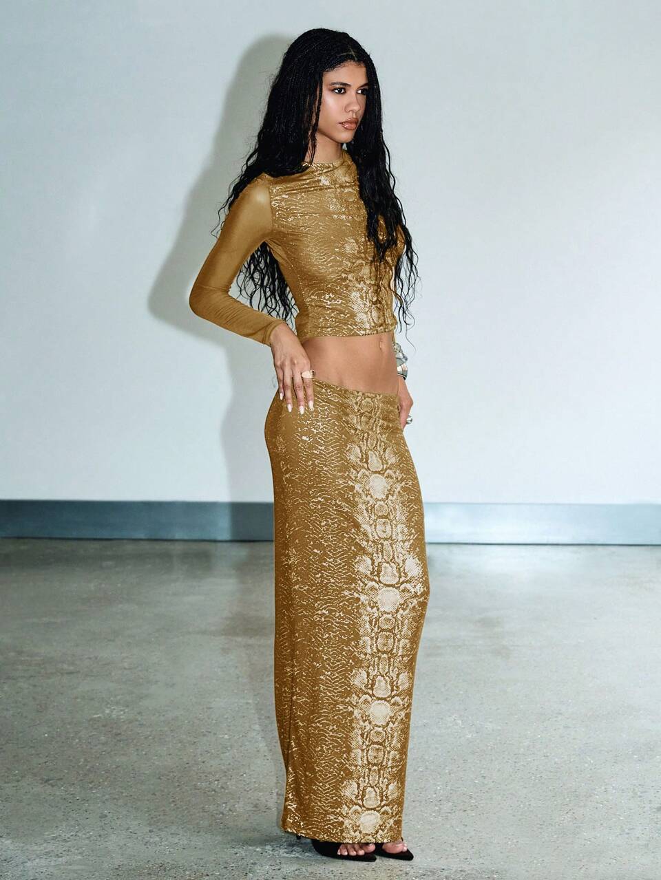 Snake Print Long Sleeve Bodycon Maxi Dress Evening Party Club Outfit Python Pattern